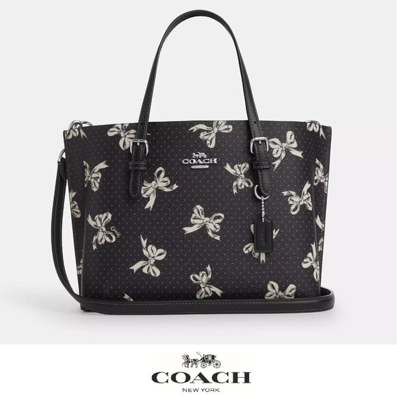 🎁 Coach Mollie Tote Bag 25 With Bow Print Silver/Black Multi - Picture 1 of 8